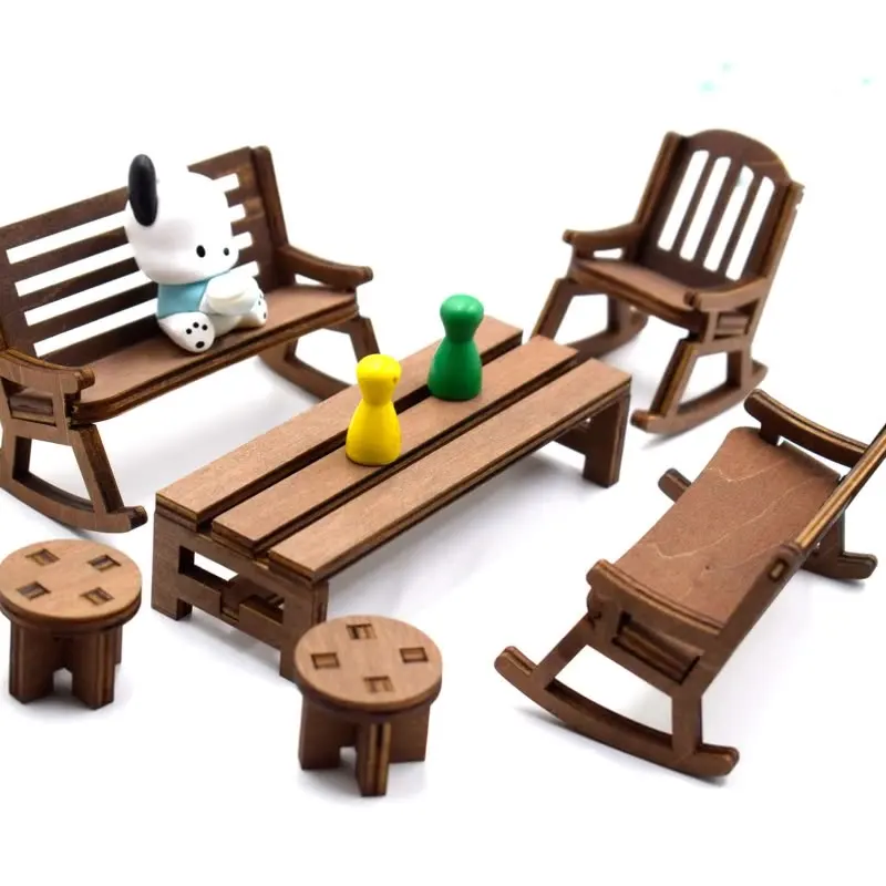 Mini-Holzmöbel-Set im Maßstab 1:12 für Puppenhaus – realistischer kleiner Tisch, Stühle und Hocker, Mikro-Landschaftszene, Dekor-Requisiten,