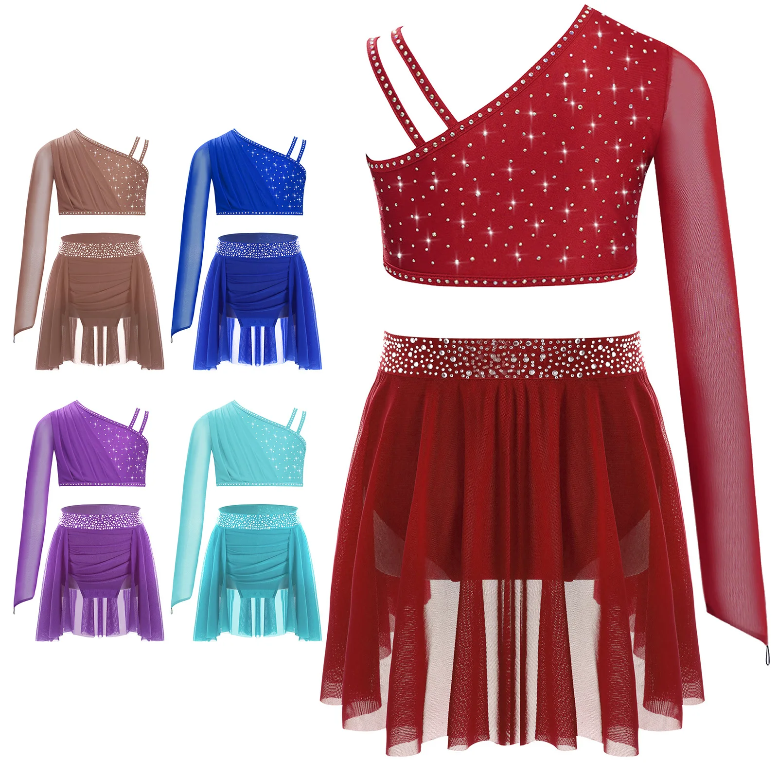 

Girls Two Piece Modern Lyrical Dance Outfit Ballet Gymnastics Costumes Set Glittery Rhinestones Long Sleeve Crop Top with Skirts