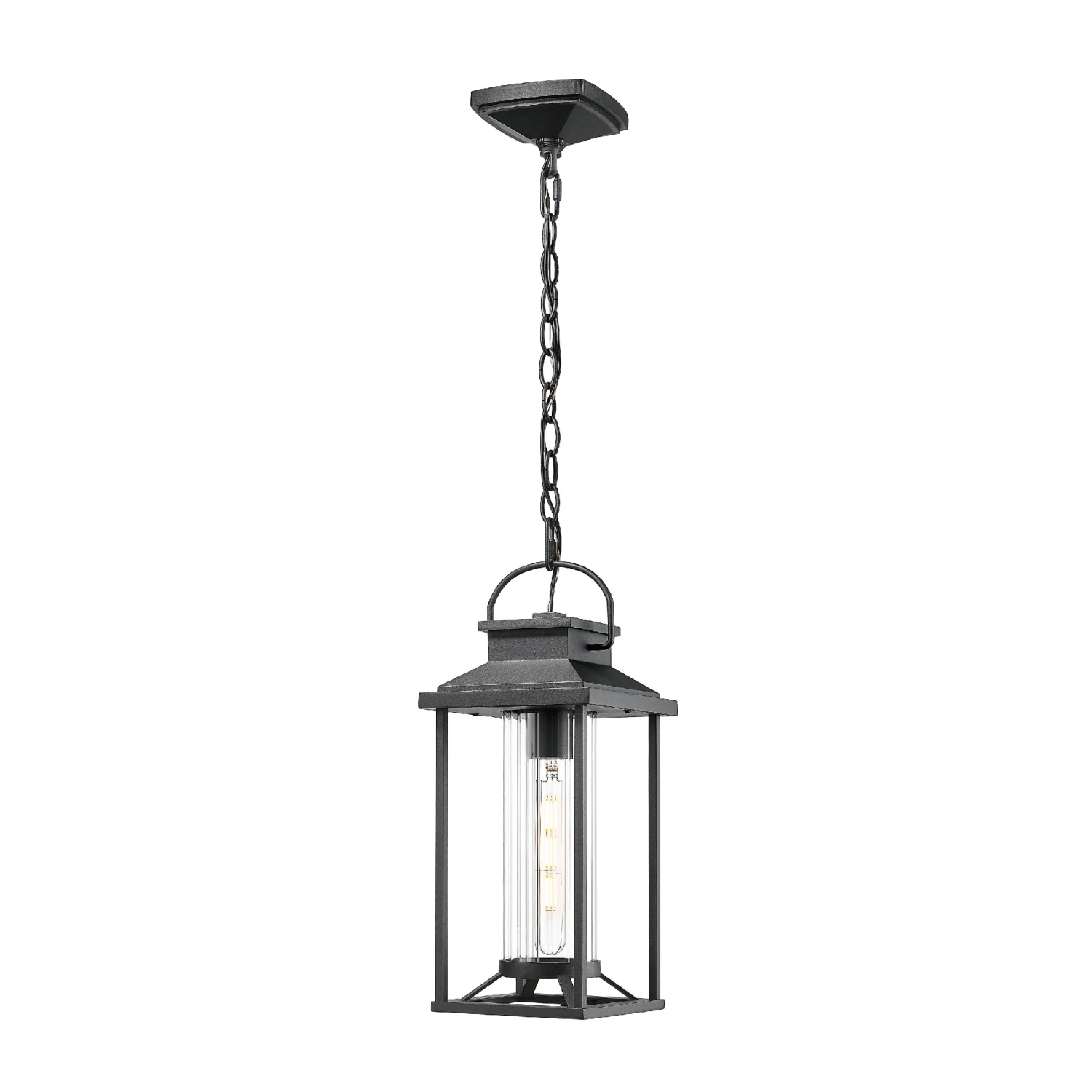 

Outdoor Pendant Light for Porch, Black Exterior Chandelier with Ribbed Glass, Modern Hanging Lantern Ceiling Fixture, Anti-Rust
