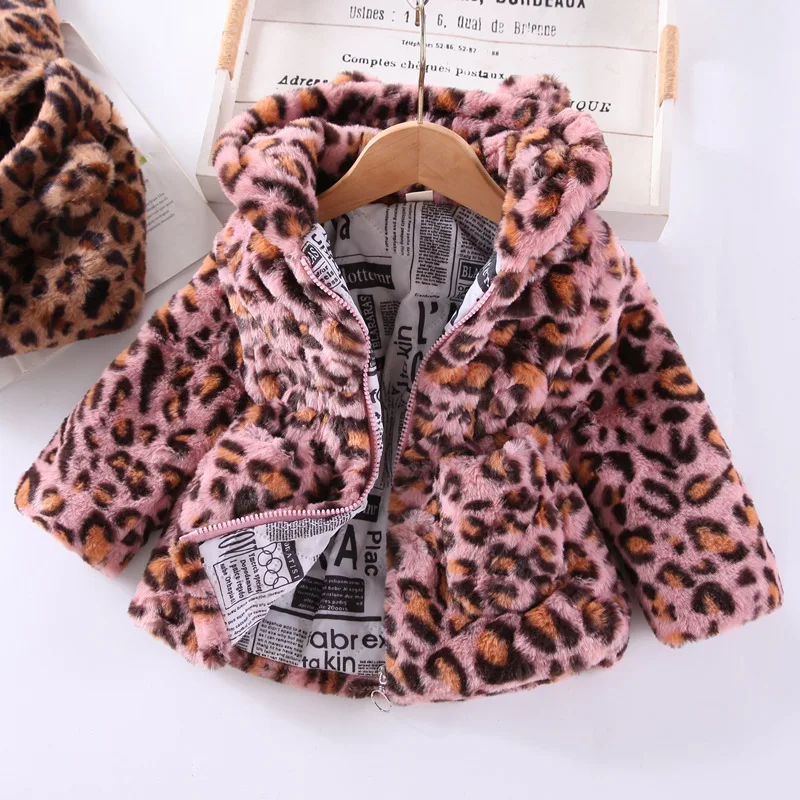 Autunno inverno peluche neonate giacca moda stampa leopardo caldo cappotto di pelliccia sintetica per ragazze capispalla con cappuccio 2-8 anni