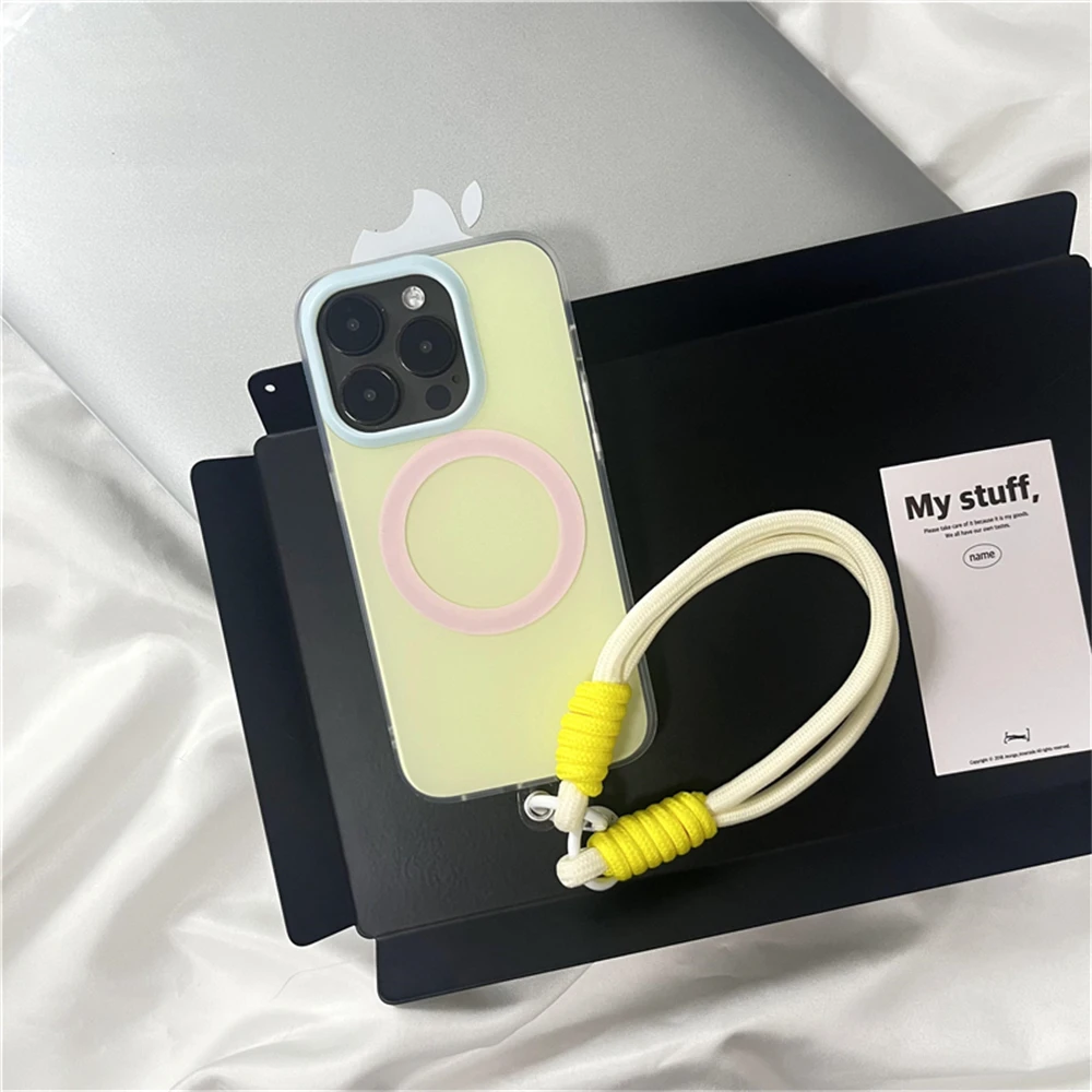 Fashion Candy Color Clash For Magsafe Phone Case For iPhone 15 14 13 16 Pro Max Wireless Charging With Wrist Strap Phone Cover