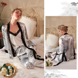 Autumn and Winter Women's Pajamas Set Ice Silk Sling Print Pyjama Femme Long Sleeved Pants Nightdress Lace Sleepwear 3 Piece Set