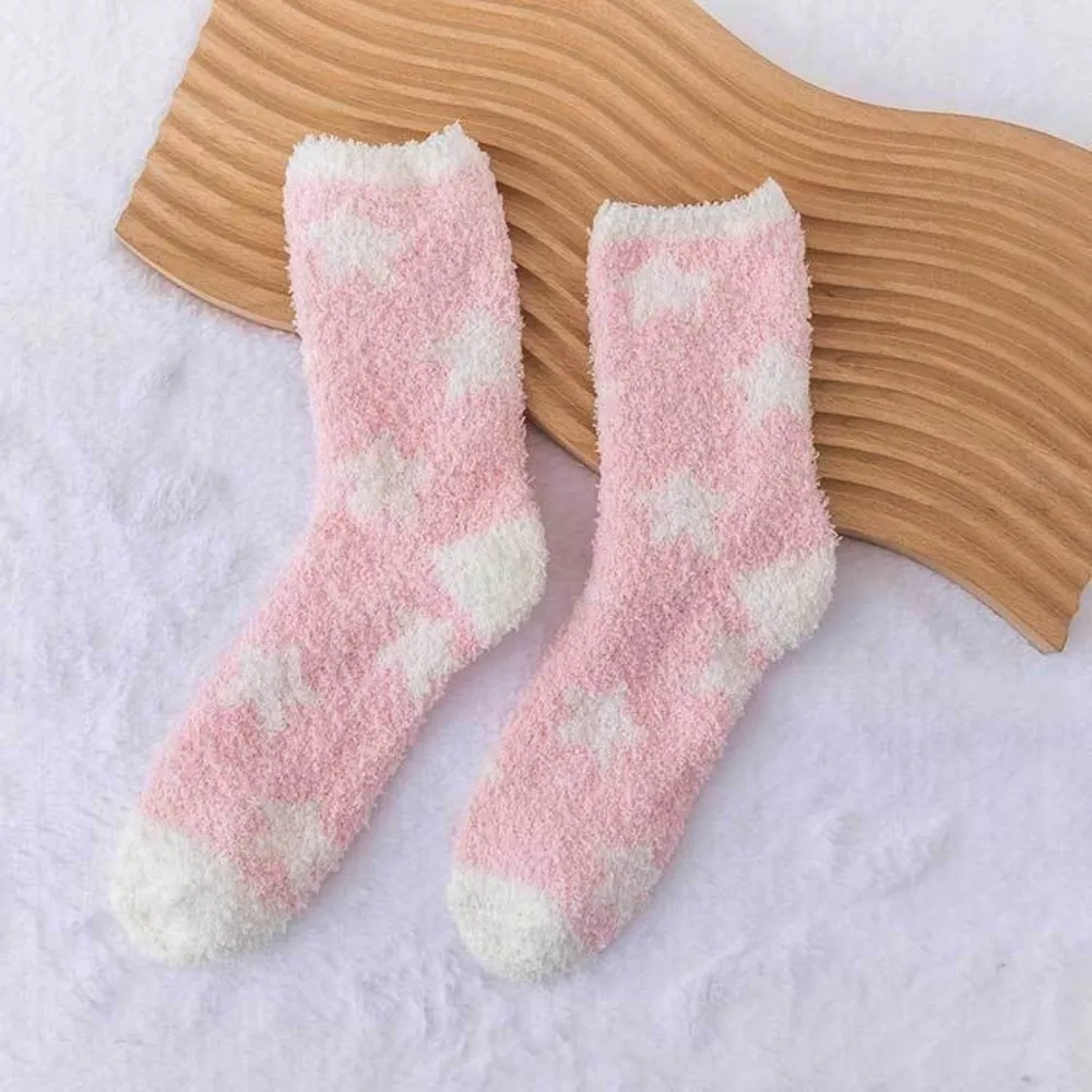 New Star Pattern Coral Fleece Socks Breathable Soft Floor Socks Warm Thickened Middle Tube Socks Autumn Winter
