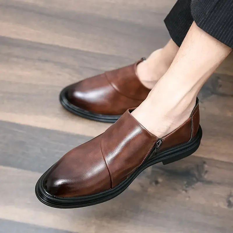 Party Boys Leather Shoes Men's Korean-Style Retro British Casual Retro Classic Office Shoes Height Increasing Leisure Black