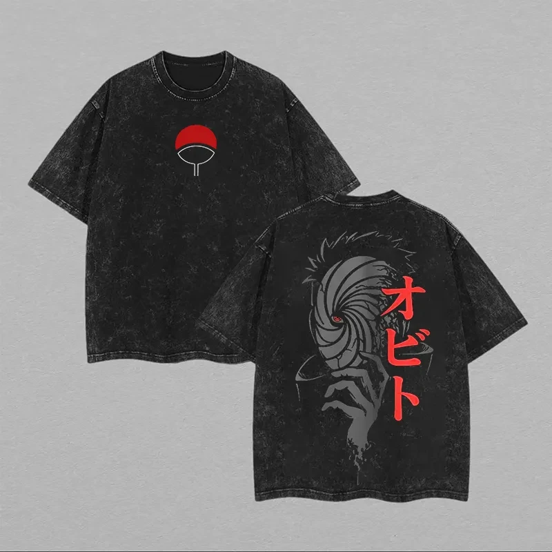 Camiseta de Verano 2026 de Naruto Obito Uchiha con Máscara, Estilo Vintage, Lavado Ácido, Streetwear, Diseño Retro de Anime, Camisetas para Hombre, Ropa de Algodón