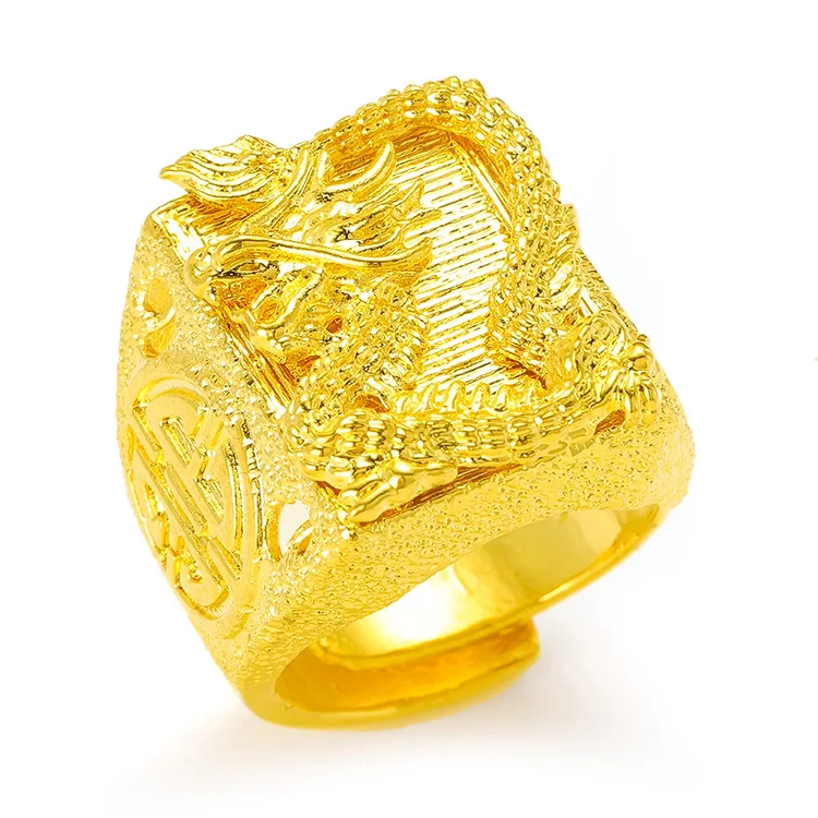 Real Gold color Dragon Head Ring for man Vietnam Sha Jin Luxury Adjustable Ring Jewelry Men\'s Wedding Birthday Jewelry Gift
