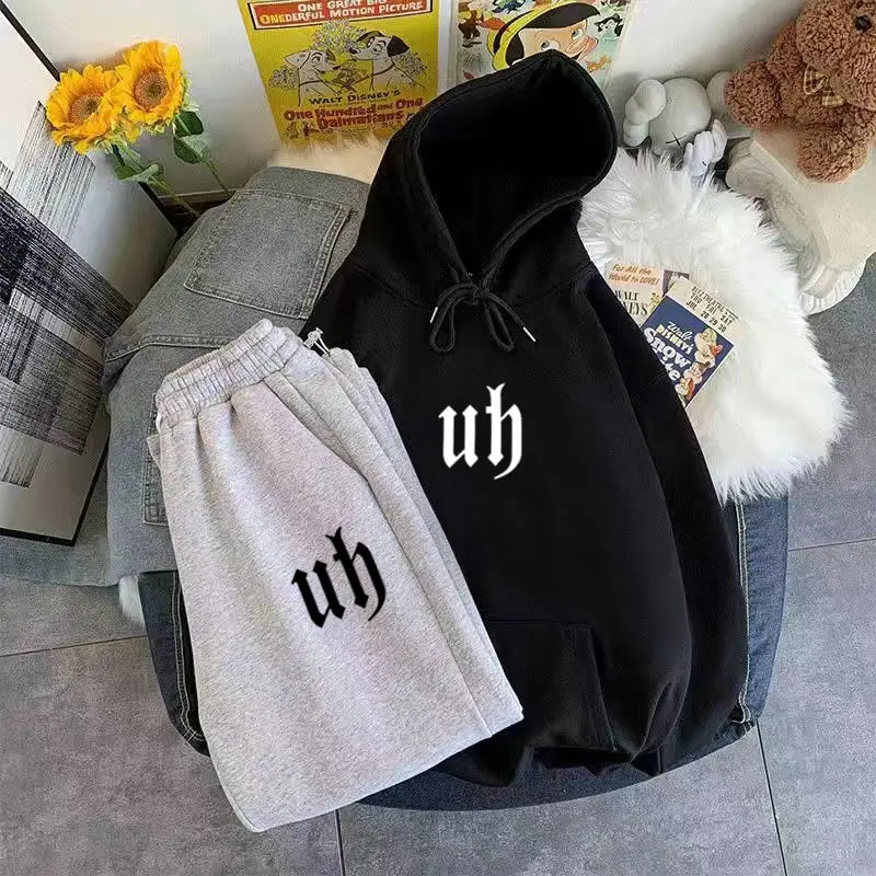 Creative Letter Print Loose Hoodie Casual Pants Two-piece Set Fashionable Women\'s Sports Suit Running Tracksuits Coat