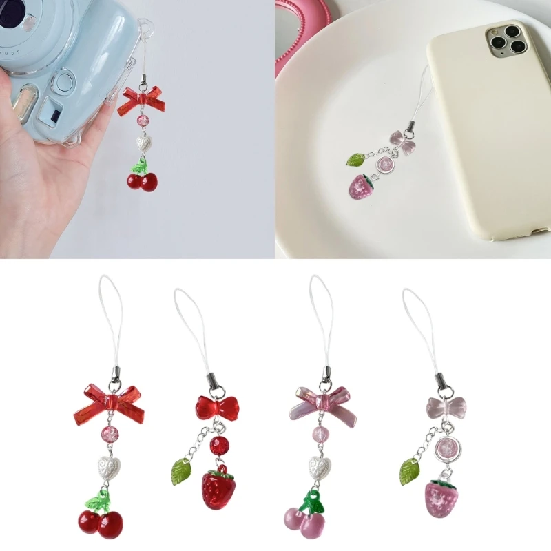 Cute Pink Cherry Cellphone Strap Strawberry Cherry Pendant Keychain for Backpack Charm Dainty Cherry Phone Strap Keyring