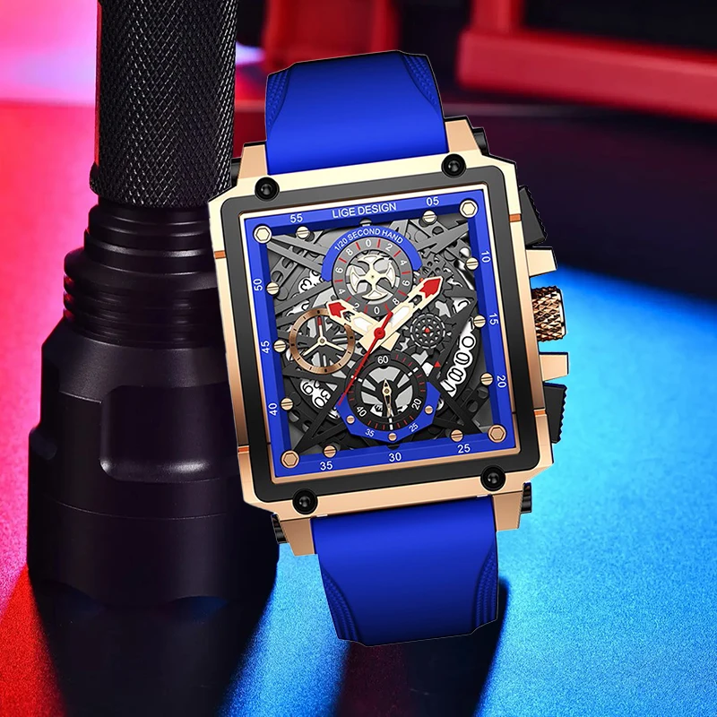 LIGE Fashion Square Man Watch Creative Unique Gear Waterproof Silicone Strap Auto Date Casual Sport Quartz Watches Male New Gift