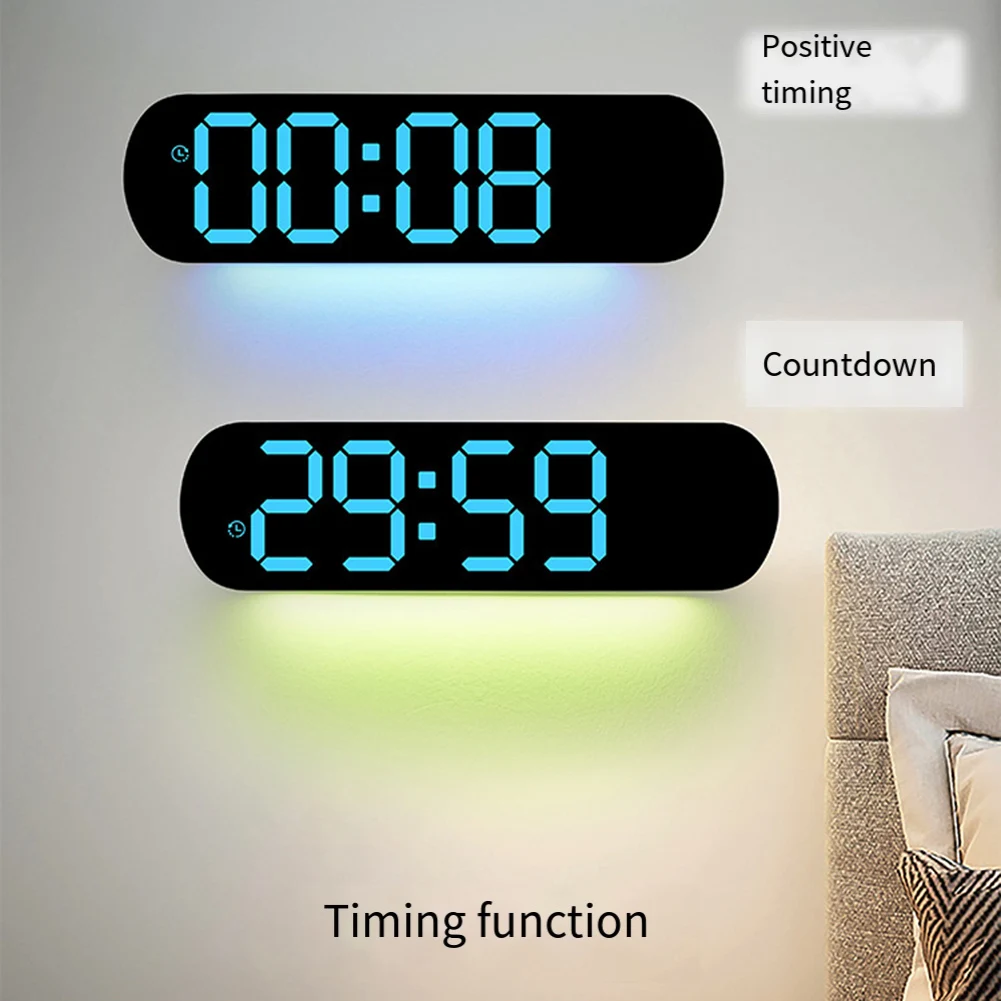 Digital Wall Clock LED Alarm Clock With Large Display Remote Control 9 Colored Ambient Lights Brightness Adjustable Clock