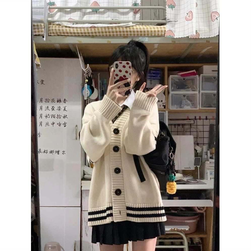 Women Varsity Cardigan with Contrast Trim V-neck Oversized Button Up Knit Sweater Jacket Teen-girl Preppy Style Jersey
