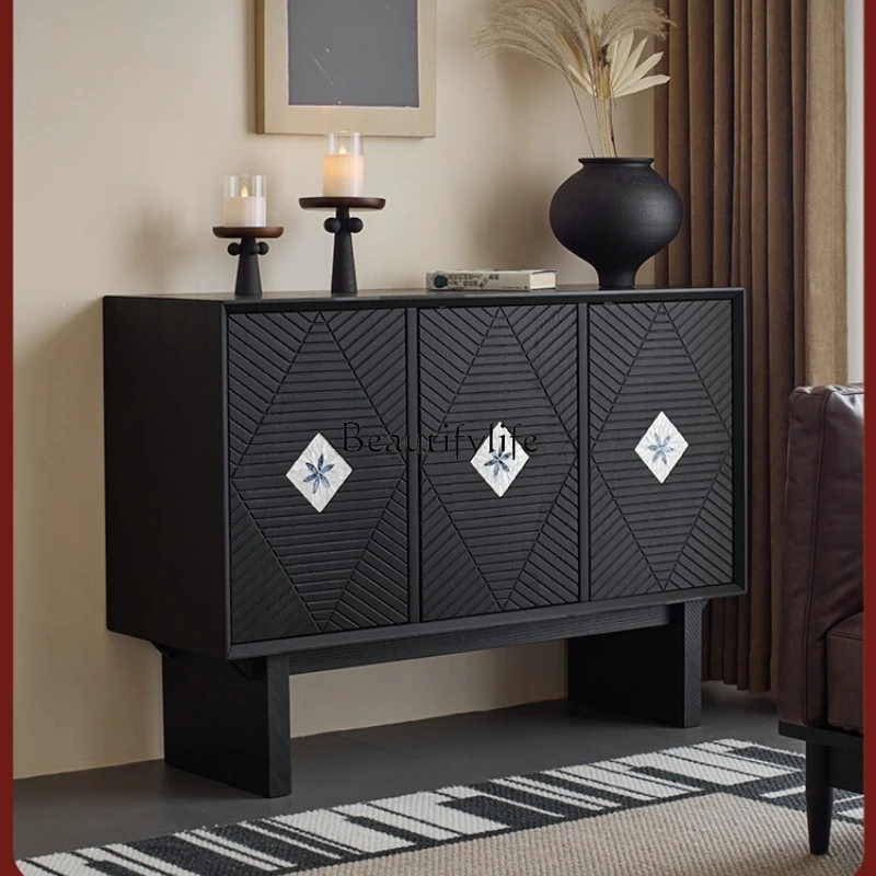 

Light sandalwood solid wood black retro light luxury small apartment restaurant tea cabinet storage cabinet