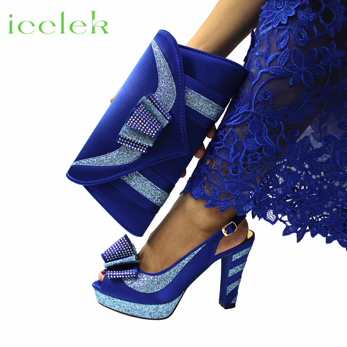 Royal Blue 2023 New Arrivals Fashionable African Women Shoes Matching Bag Set Comfortable Heels with Platform for Wedding Party