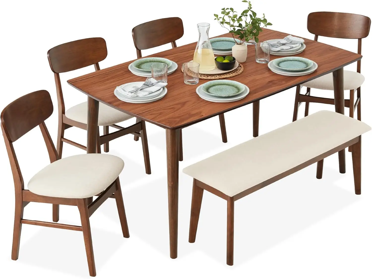 

6-Piece Wooden Dining Set, Mid-Century Modern Table & Upholstered Chair Set w/Bench Seat, Rubberwood Legs - Walnut/Cream