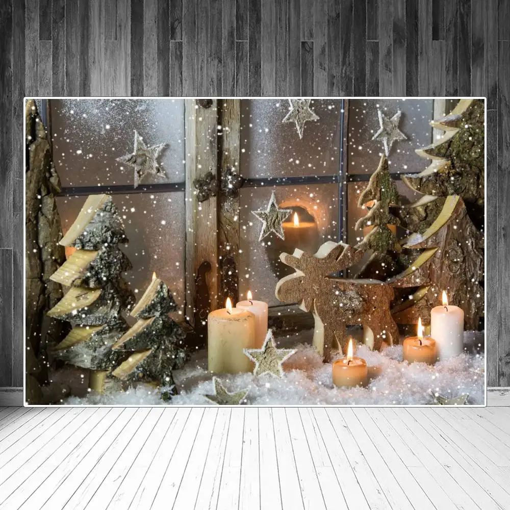 Árbol de Navidad ciervo velas estrellas nieve ventana escena fotografía fondos personalizados fiesta de bebé decoración fotomatón fondos