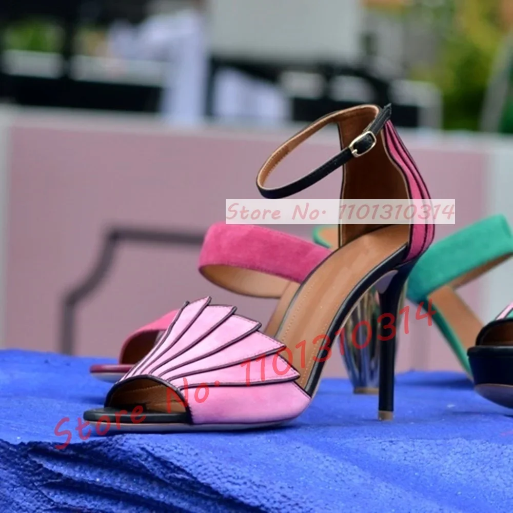 Multicolor Fan-shaped Suede Sandals Women Sweet Splicing Pink High Heels Open Toe Shoes Girl\'s Summer Party Cover Heel Shoes
