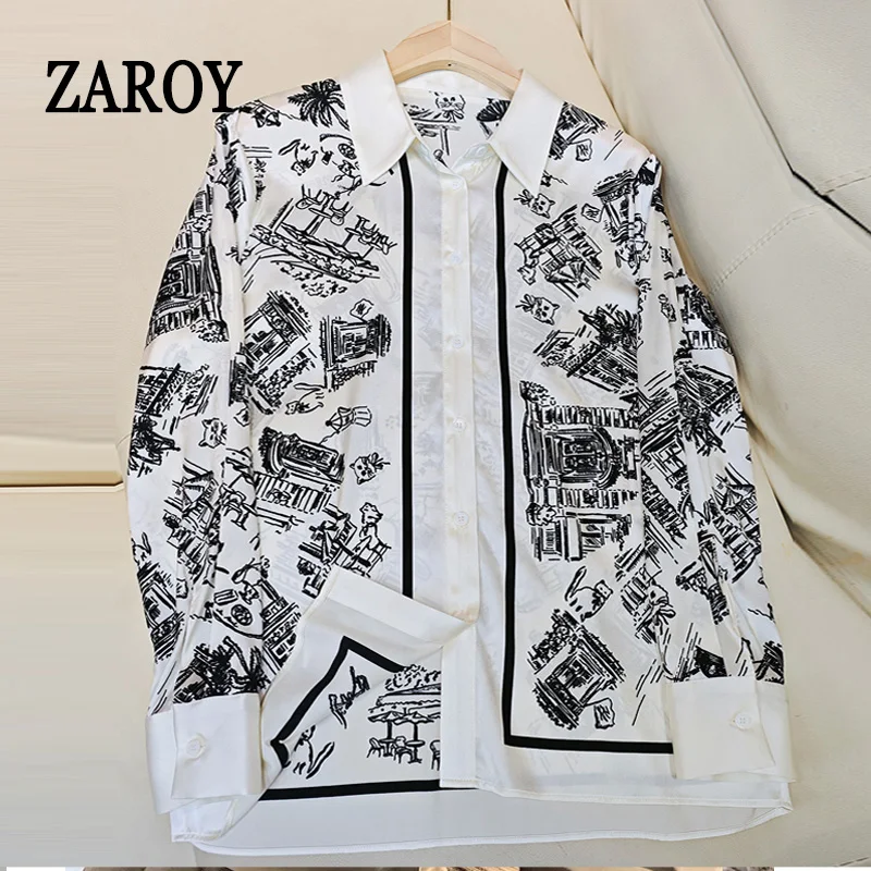 

ZAROY Women Vintage Shirts Elegant Tops Spring Summer Long Sleeve Lapel Sketch Print Satin OL Blouses Casual Streetwear Blusas