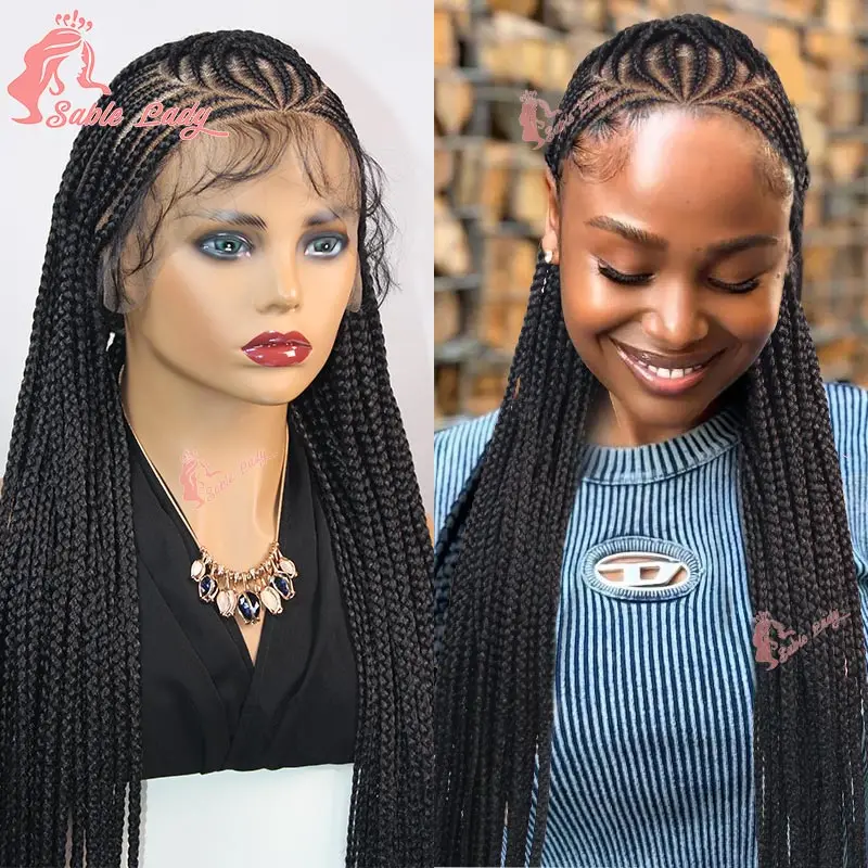 

Full Lace Cornrow Braided Wigs Synthetic Knotless Box Braids Wig for Black Women 36 Inches Handmade Lace Frontal Braiding Wig