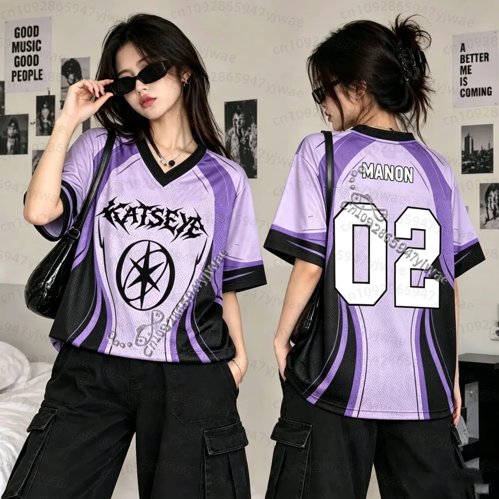 2026 Women Summer Katseye Comeback Heavy Metal Mixed Mesh Jersey For Manon Sophia Fans Women Short Sleeve Women Beach T-Shirt