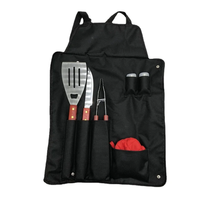 6-piece Wooden Handle BBQ Set Outdoor Picnic and Home Barbecue Tool Set Portable Cloth Bag Apron Stainless Steel Cooking Set