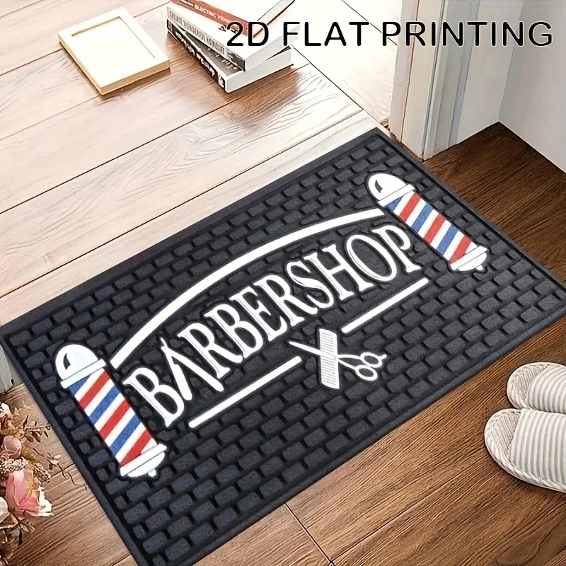Barbershop Logo Barber Pole Scissors Print Entry Doormat, Salon‑themed Floor Mat for Barbershop Entrance,Indoor Space Decoration