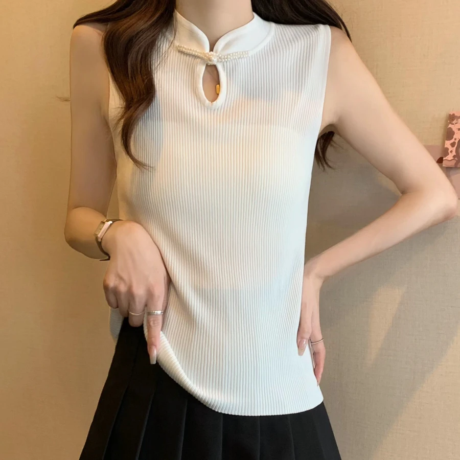 Sueter Feminino Nuovo maglione lavorato a maglia senza maniche Pullover da donna Colletto alla coreana bianco Perline Maglione lavorato a maglia Pullover Donna Top Q2460