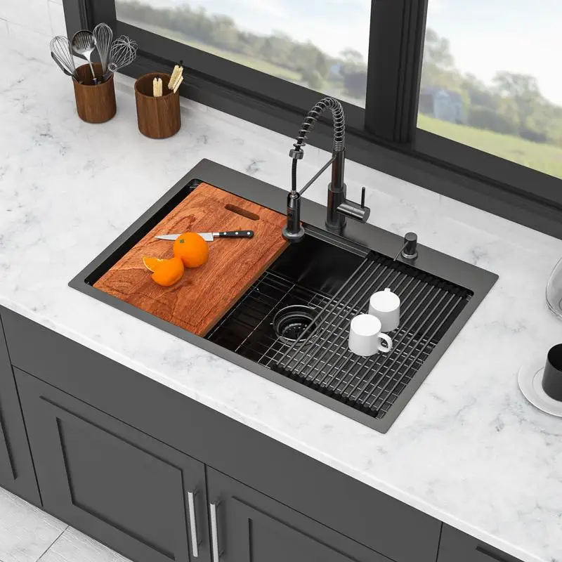 

36" Drop-in Workstation Gunmetal Black Kitchen Sink with Pull-out Faucet and Soap Dispenser - 36 x 22 x 9 inch Single Bowl 16