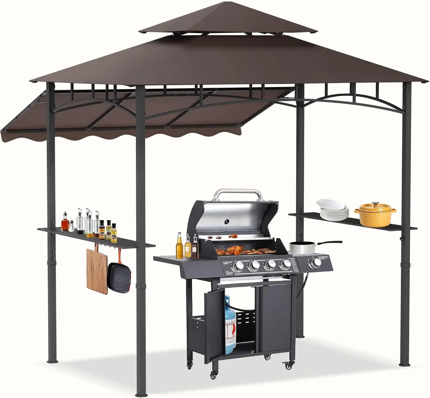 8x8x5 FT BBQ Grill Gazebo Outdoor, Double Tired Patio Canopy Tent with Side Awning Shelves, Barbecue Shelter with 14 Hooks