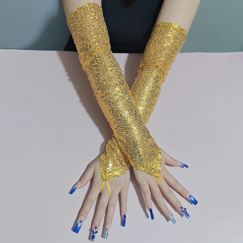 50cm Sequins Long Hook Finger Women Gloves Nightclub Stage Performance Party Sexy Cosplay Clothing  Long Fingerless Mittens