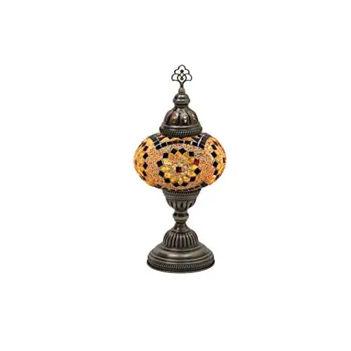 LaModaHome English Moroccan Handmade Mosaic Glass Table Lamp Light with Decorative Dark Copper Fixture for Bedroom, Livingroom a