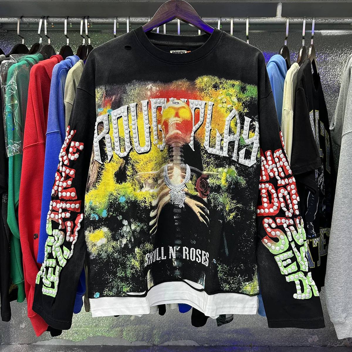Retro American Trendy Brand Rough Play Long Sleeve Pure Cotton T-Shirt Skull Print Washed Patchwork Hole Youth Popular Street...