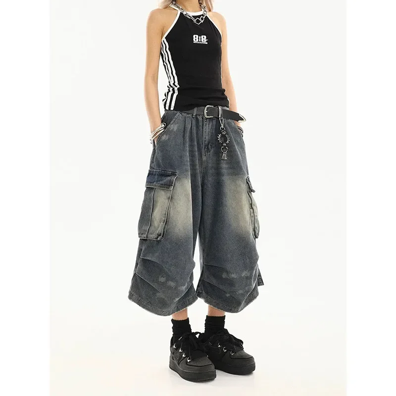 American Style Women Vintage Washed Workwear Denim Shorts with Multiple Pockets Pleated Design Loose Drapey Seven-Foot Pants