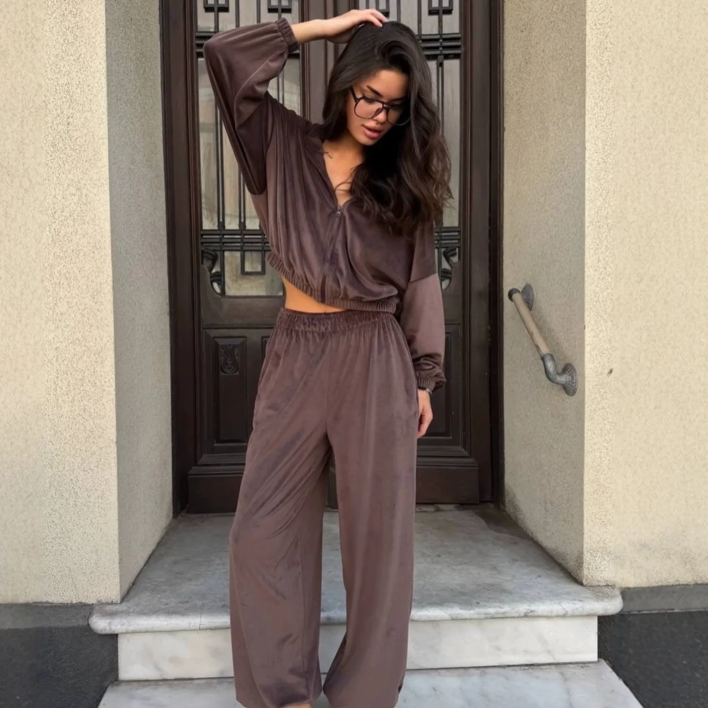 New European And American Casual Women's Suit Solid Color Long-sleeved Zipper Cardigan Jacket Sweatpants Two-piece Set