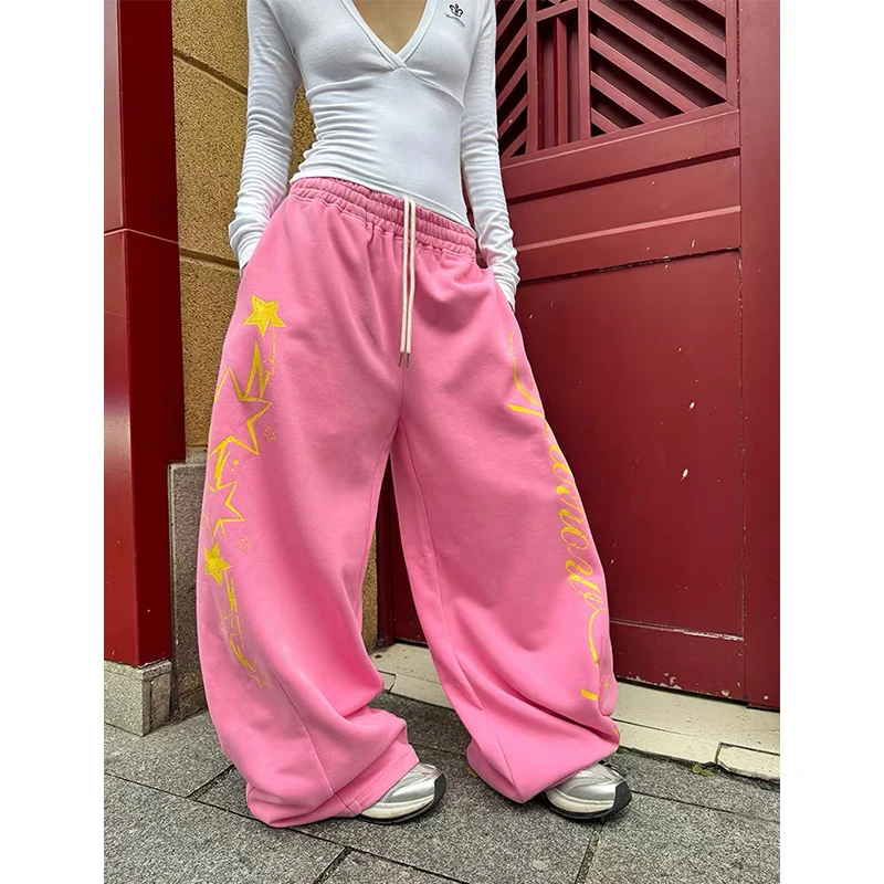 Women Vintage Pink Baggy Cargo Pants 2025 Autumn Streetwear Print Oversize Sweatpants Harajuku 2000s Y2k Trousers Clothes Autumn