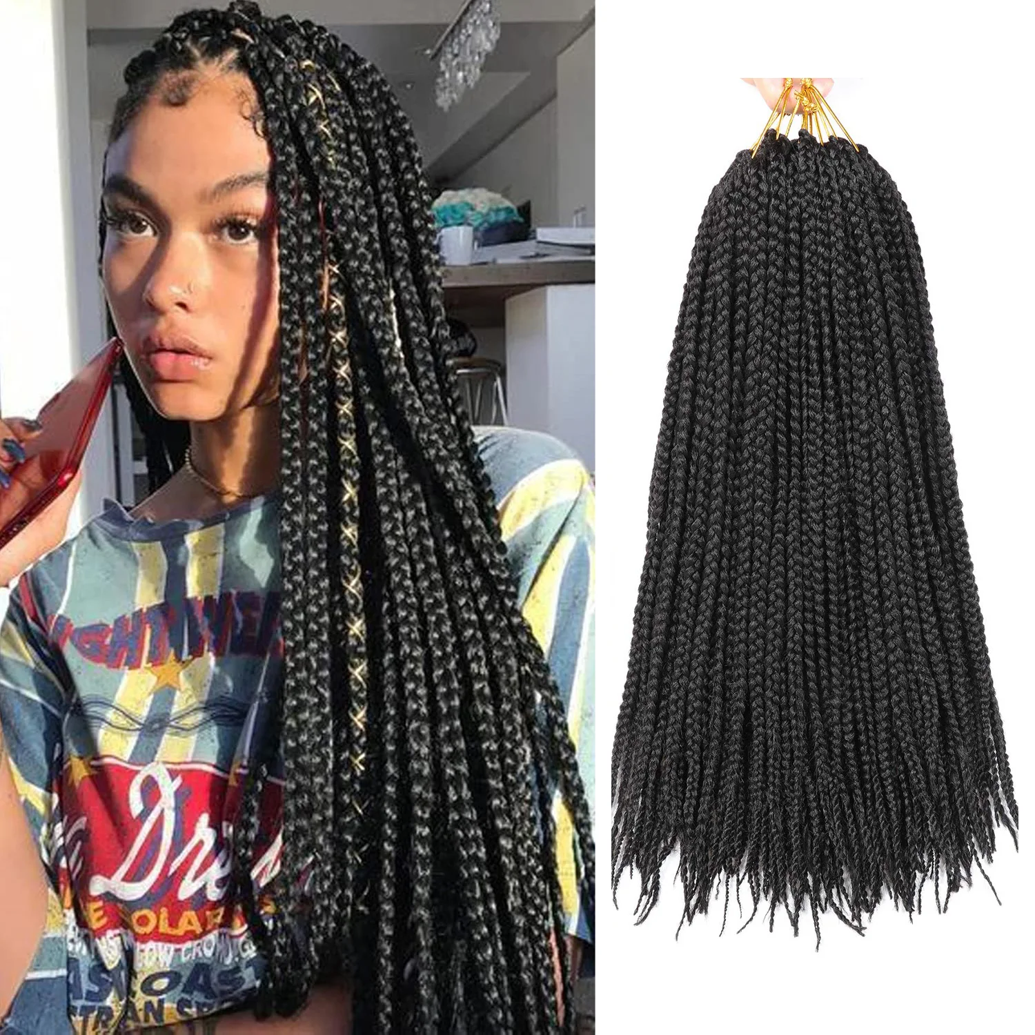 Caja trenzada de pelo de ganchillo, 4 paquetes de trenzas de caja de ganchillo, trenzas de ganchillo preenrolladas para mujeres negras, pelo trenzado sintético suave