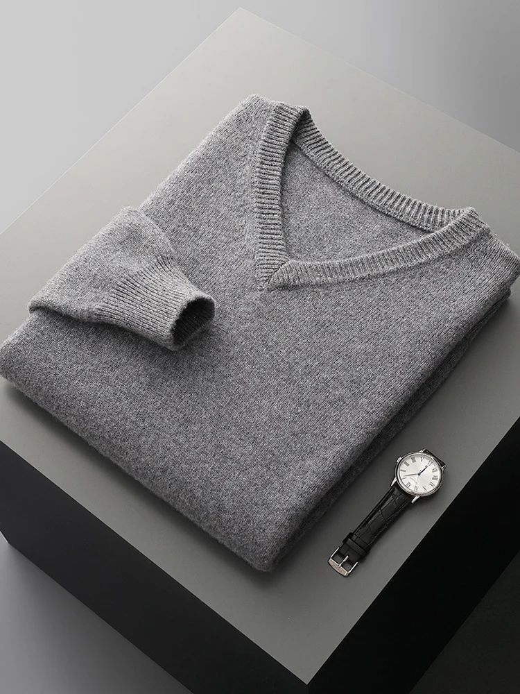 100% de lana merina para hombre, jersey con cuello en V, suéter grueso, cálido, informal, Base de moda, suéter de punto