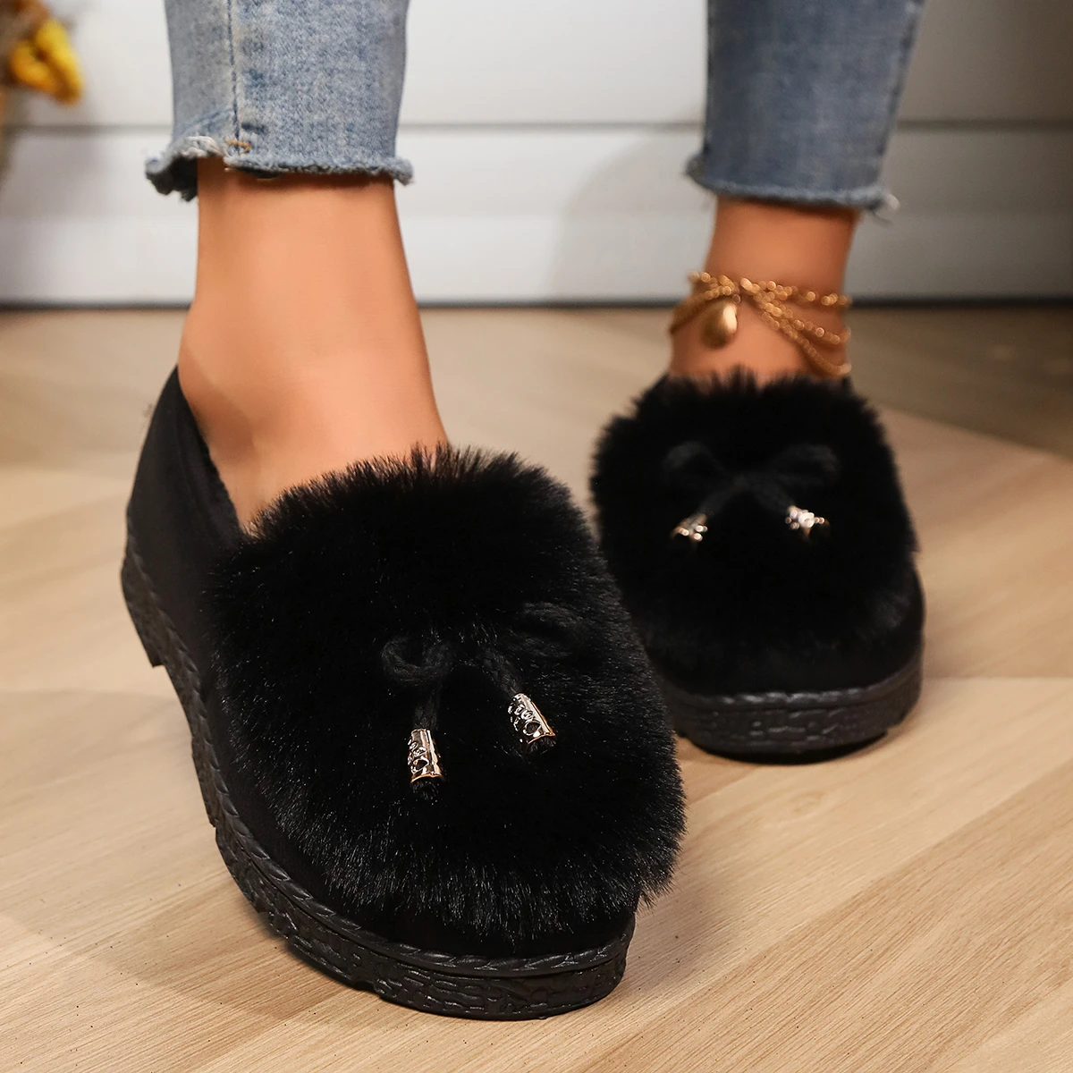 Elegant Autumn Winter Ballet Loafer Flat Shoes Women Female Flats Loafers Fur Round Toe Ladies Brand Design Teddy Outdoor Shoes