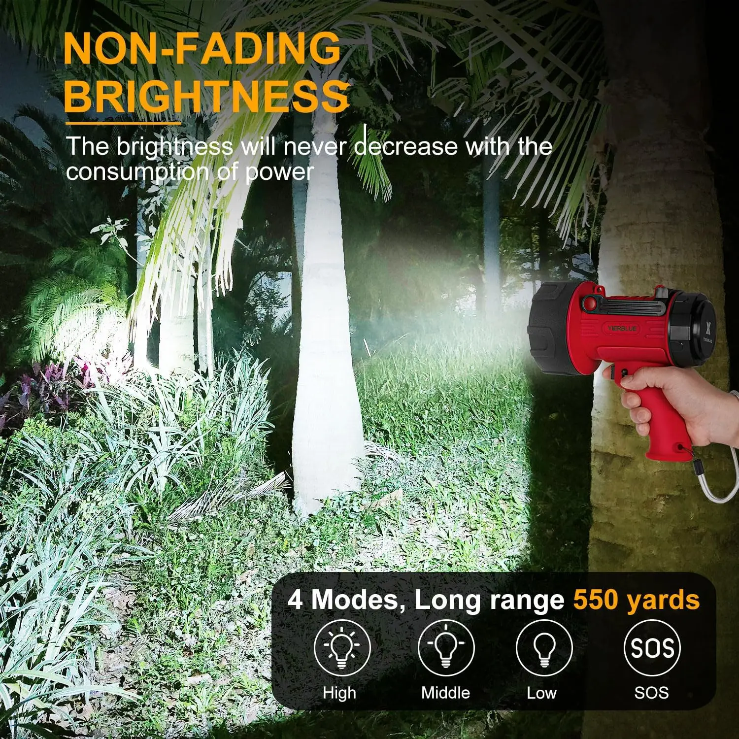 Rechargeable Spotlight Flashlight with 100,000 Lumen LED, IP67 Waterproof and Long-Lasting Battery for Outdoor Use