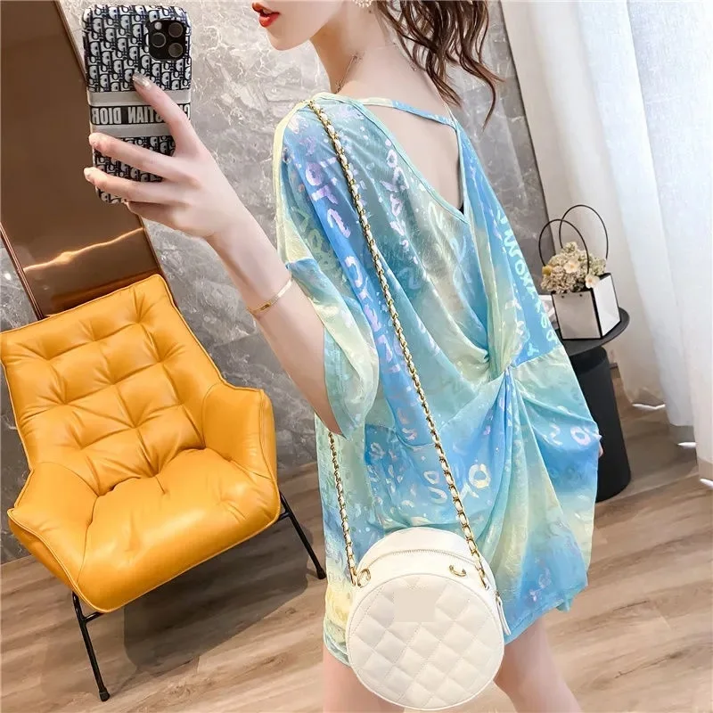 women's new summer retro top Backless shiny letter T-shirt Female short-sleeved fashion 2024 loose elegant Chic sexy T-shirt 3XL