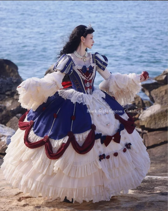 Vestido de baile de princesa, traje de quinceañera, Hada de las burbujas, manga larga, encaje, volantes, para eventos especiales, azul y blanco