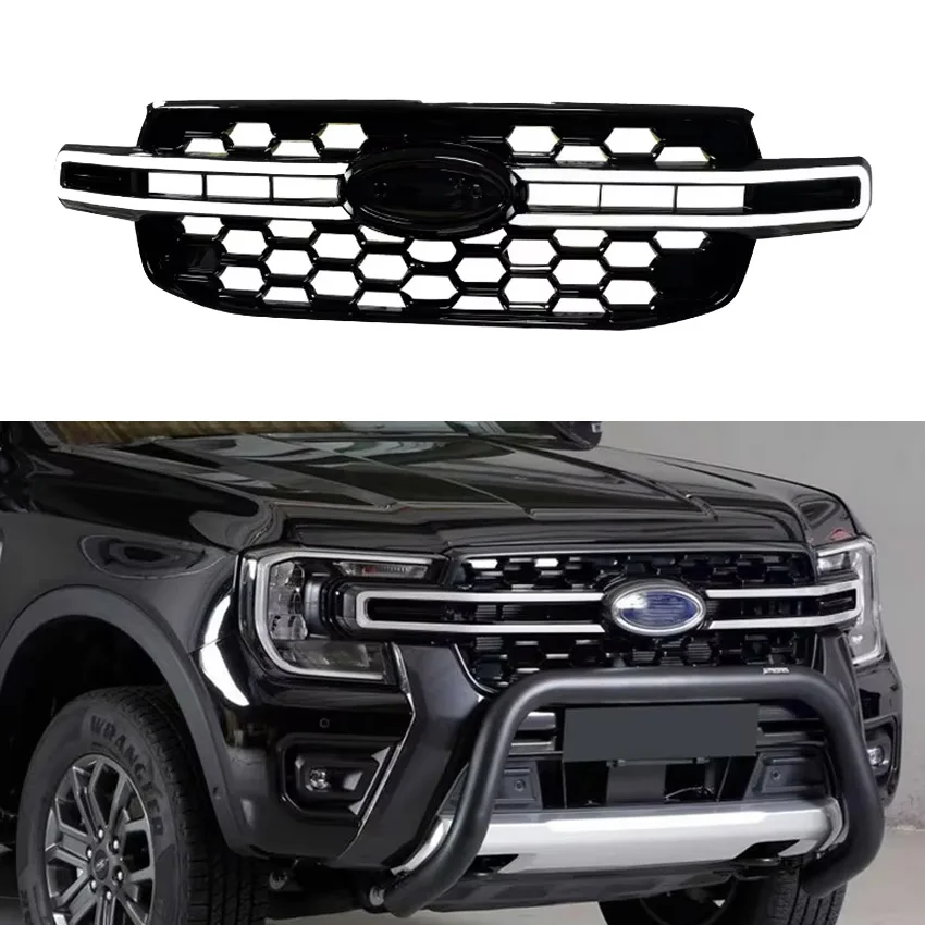 

2023 To Up For Ford Ranger T9 LED Lamp luminous Racing Grills Front Kidney Grille Bumper Lip Hood Mesh Grid ABS Glossy Black