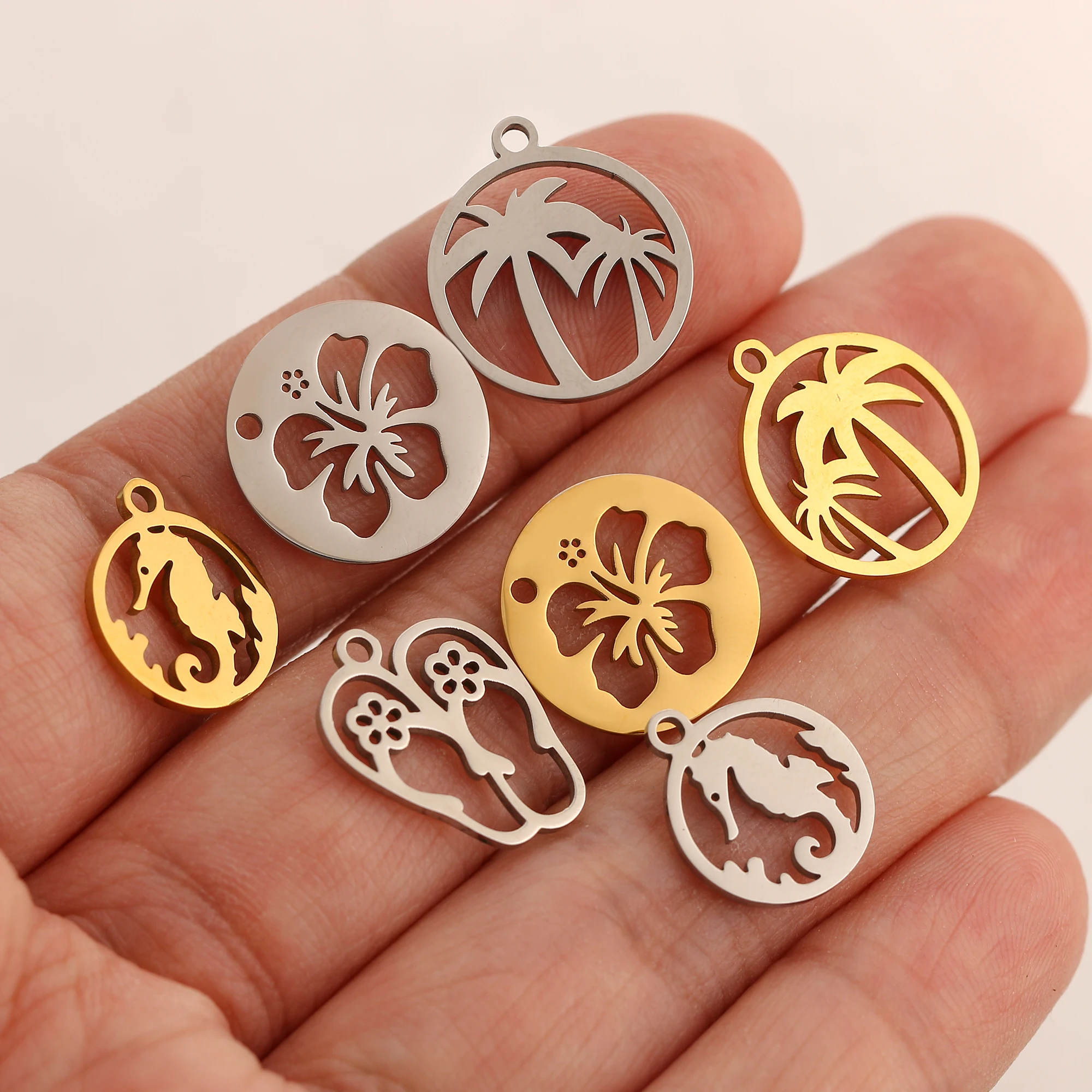 5Pcs/Lot Stainless Steel Sea Animal Charm Tropical Coconut Tree/Rainbow/Dolphin/Shell Charms Pendant for Jewelry Findings Making