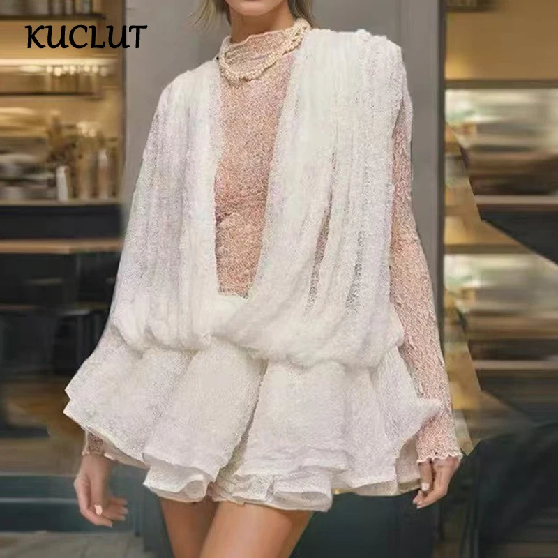 

KUCLUT Fashion Elegant Women's Two-pieces Set Long Sleeve Short Dress Mesh Ruffle Elastic Waist Shorts Female Trendy 1A268