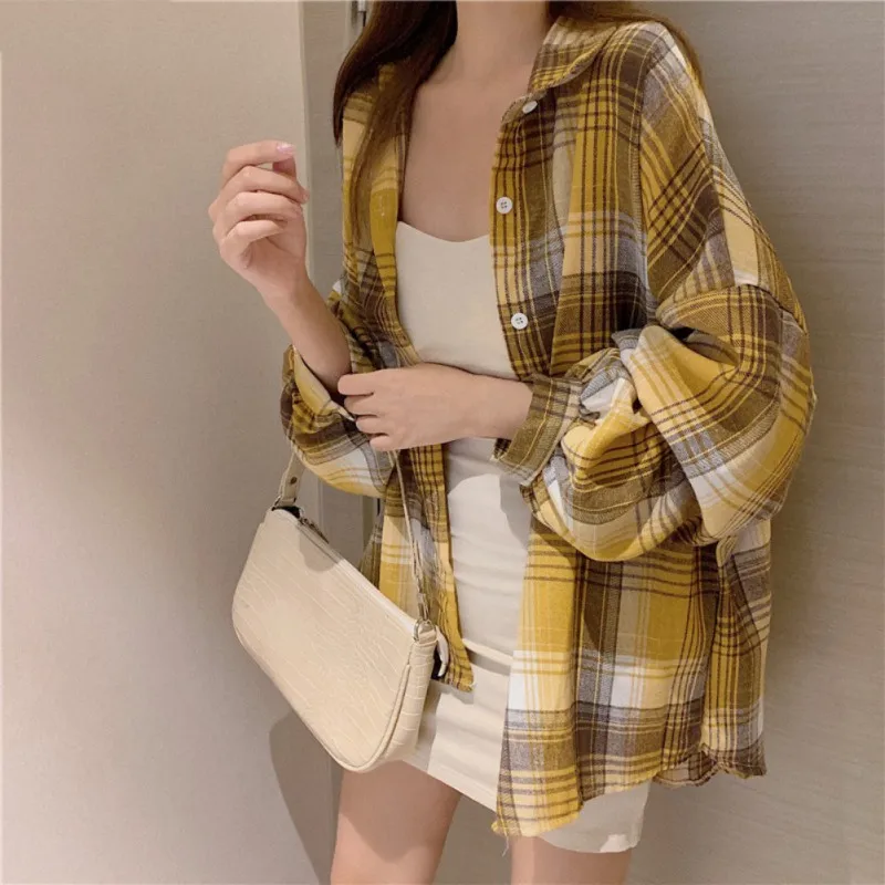 Women Vintage Long Sleeve Shirt Oversized Plaid Shirt Autumn Loose Lapel Pocket Shirt Blouse Korean Busas Para Mujer  ﻿