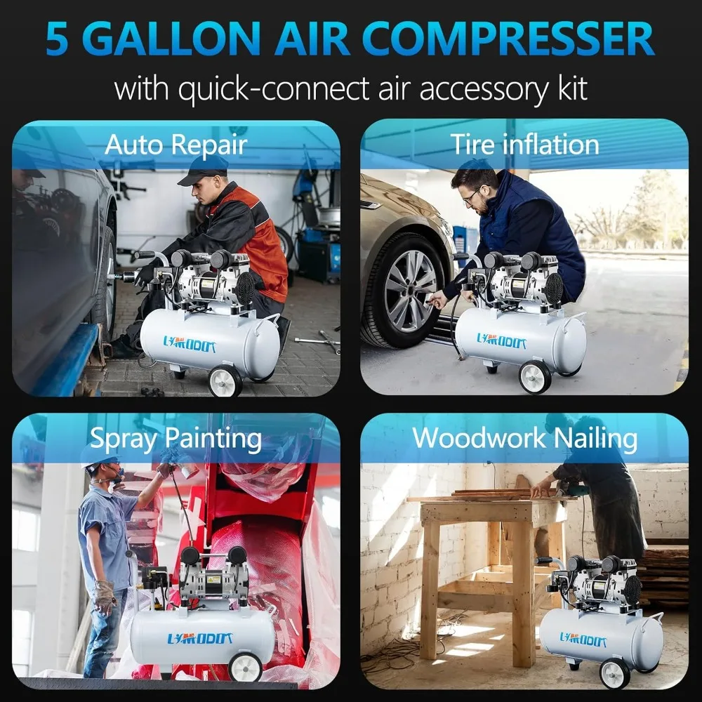 Ultra-Quiet 68dB Air Compressor, 5 Gal Tank, 2.8CFM @90PSI, Oil-Free, 11-Piece Kit for Nailing & Pneumatic Tools view 6