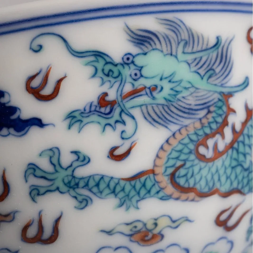 Jingdezhen ceramic tea set painted apricot flower blue and white fighting color double dragon play bead tasting cup porcelain
