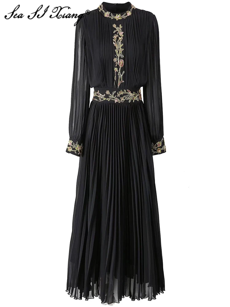 Seasixiang Beading Pleated Dress For Women Stand Collar Lantern Sleeve Black Vintage Long Dresses Fashion Spring Female