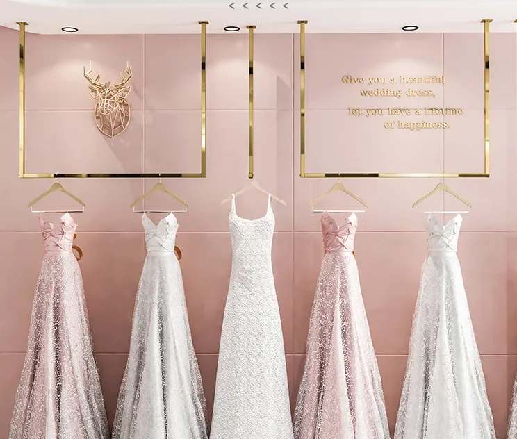 

Stainless steel wedding dress display frame, women's clothing store, wall mounted U-shaped clothes pole, gold ceiling hanger