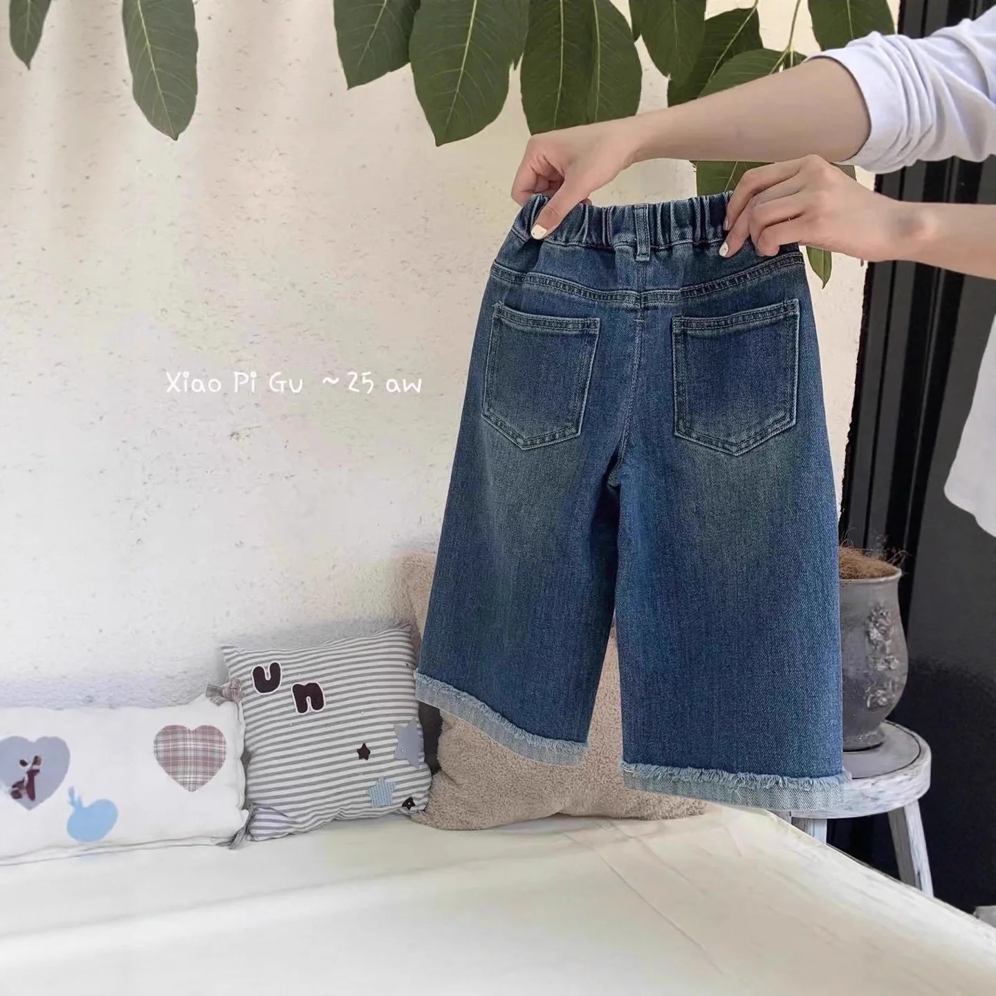 Girls' Jeans 2025 Autumn New Korean Style Trendy Rolled Hem Straight Leg Casual Pants Raw Hem Denim Trousers