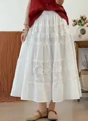 Boho Women's Tiered Long Skirt White Floral Embroidery Maxi Skirt Flowy Cotton Lace A-Line Long Skirt for Beach Vacation